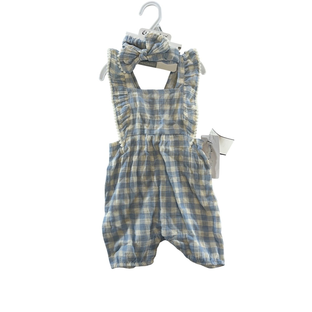 NWT‎ Emily and Oliver Baby Girls Blue Gingham Romper and Headband Set 18 Months